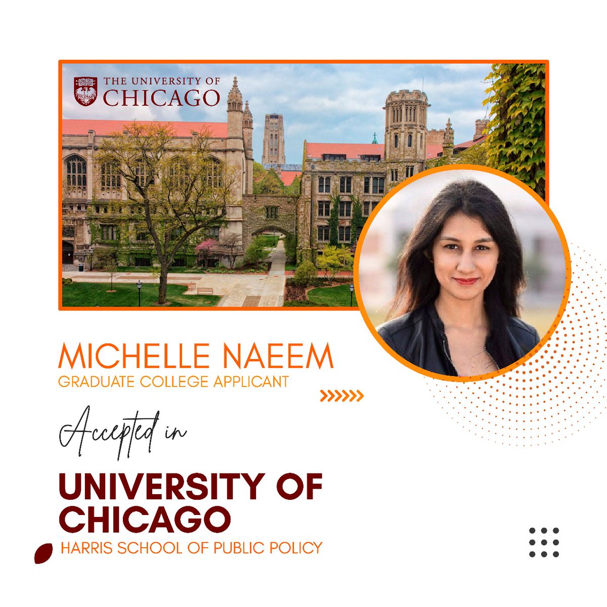 Michelle Naeem has been accepted into the Harris School of Public Policy at the University of Chicago, a ranked #3 institution in Public Policy Analysis. Michelle has already been accepted at many ranked universities.
Congratulations, Michelle!
#EyeOnIvy #EducationConsultants