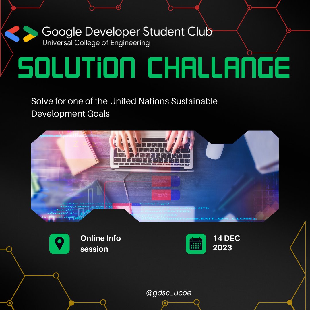 GDGUCOE's tweet photo. Counting down to the GDSC Solution Challenge on Dec 14(online)! 🌐 Be ready for this journey of innovation tackling UN Sustainable Development Goals. Let's make a difference together! 💡🚀 #GDSC #GDSCUCOE https://t.co/dQpQhmXLDZ