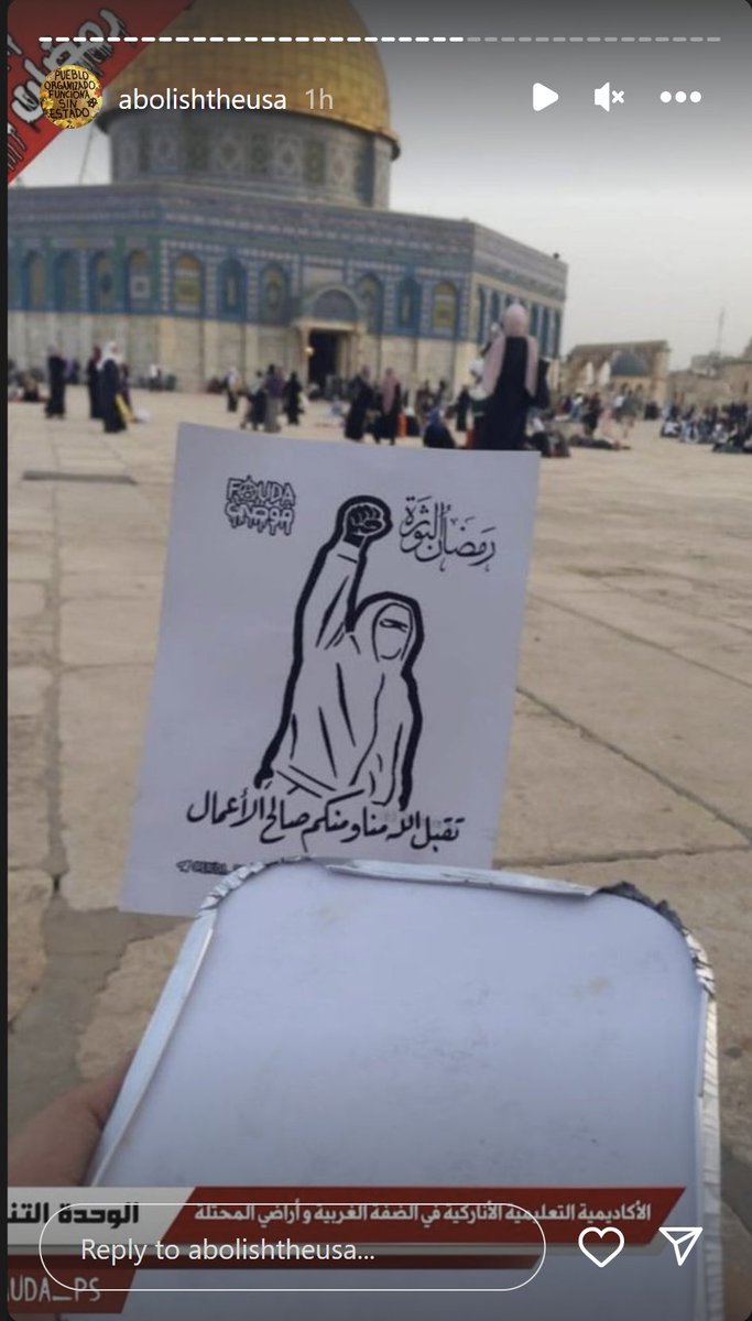 picture of a flyer depicting a hooded individual with a clenched fist raised, it has the logo of Fauda and things written in Arabic. in the background, we can see the Dome of the Rock, and a disposable food container in the foreground