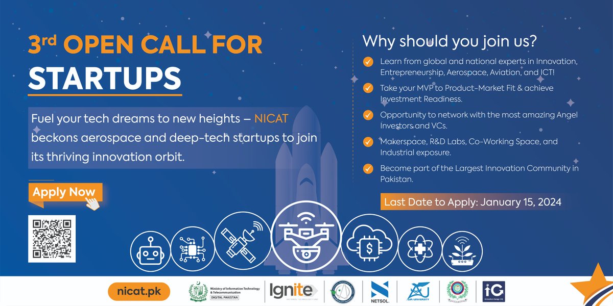𝐂𝐨𝐡𝐨𝐫𝐭 𝟑 | 𝐀𝐩𝐩𝐥𝐢𝐜𝐚𝐭𝐢𝐨𝐧𝐬 𝐎𝐩𝐞𝐧 

Great opportunities in the field of #Aerospace, #Aviation and #ICT! 
Sky is just the beginning, aim higher.

Last Date to Apply: 15-January-2023
Apply at: bit.ly/Callforstartup…