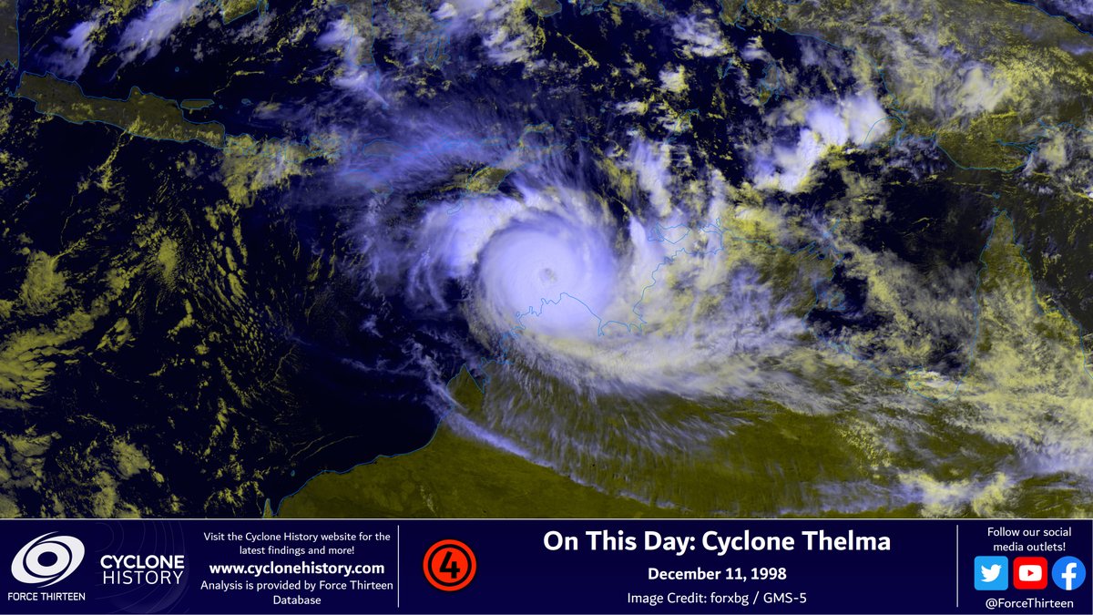 CycloneHistory's tweet photo. #OTD in 1998, #CycloneThelma made landfall over #WesternAustralia, having weakened from its peak intensity of 155mph/920hPa.
Originating from the #TimorSea, Thelma initially threatened the city of #Darwin but ultimately missed. The storm dissipated 5 days later inland. https://t.co/RmAFAfKG1S