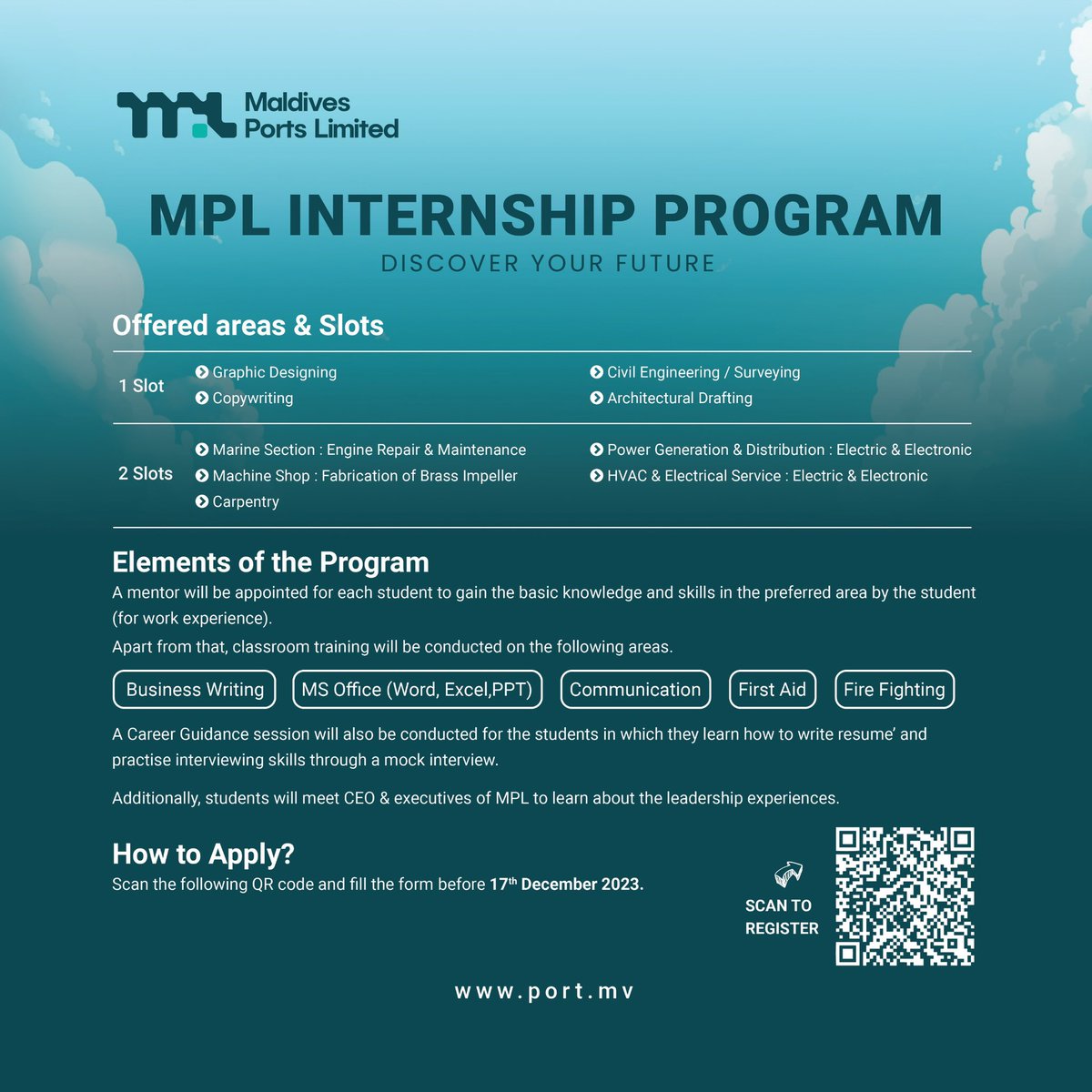 Portmv's tweet photo. Unlock the doors to your future with MPL's transformative internship! Immerse yourself in engaging lectures, hands-on activities, and valuable connections with industry professionals. Elevate your communication and leadership skills while preparing for college and beyond. 

Scan the QR code and fill the form by Dec 17, 2023, to embark on a journey of growth and learning! 🚀 #MPLInternship #FutureLeaders #CareerPrep #MaldivesPortsLimited