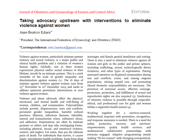 jogecajournal's tweet photo. Beyond the rhetoric: in this editorial, FIGO President, Prof. Anne- Beatrice Kihara @DrAnneKihara outlines practical interventions for eliminating violence against women.
> https://t.co/kM9PUKTzbs
#16DaysOfActivism #JOGECA https://t.co/Xjc88fpn8t