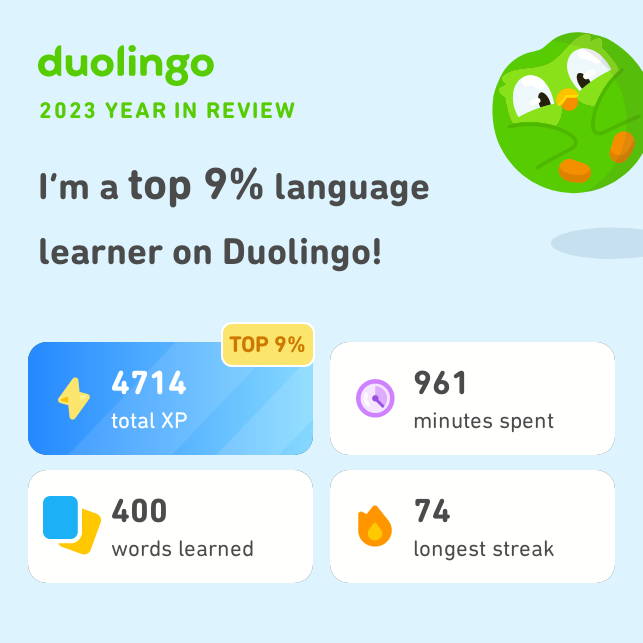 TaylorArah's tweet photo. Look how much I learned on Duolingo in 2023! How did you do? #Duolingo365 https://t.co/kF5AqbCg7b