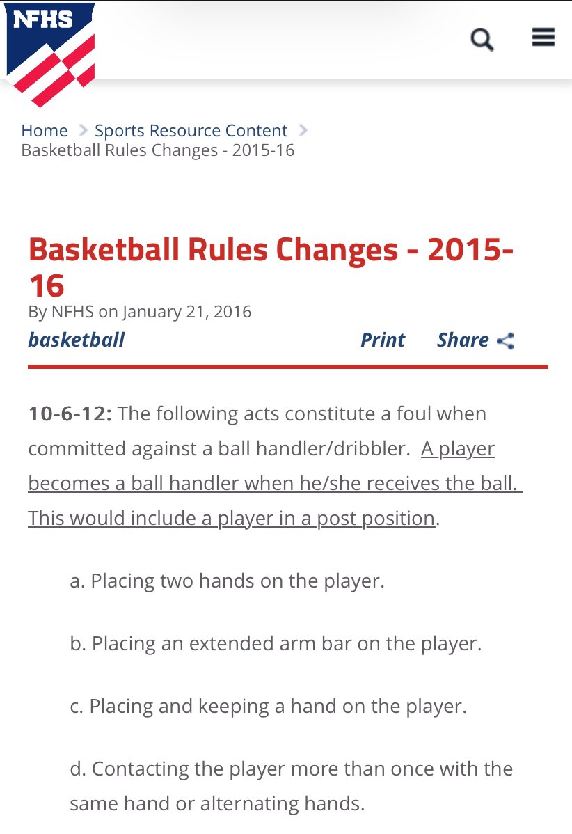 CoachDaveMason's tweet photo. Is this rule still in effect? Because watched a lot of HS Girls Basketball this weekend and saw a lot of hand checking. Prob unpopular statement but saw a lot of coaches and parents argue with officials when their player were committing these acts in the name of good defense. https://t.co/JKmDaLjiMJ