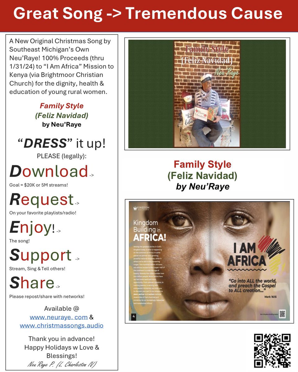 NeuRaye's tweet photo. Hi! New #ChristmasSong (Written, perf. &amp; prod. by me) w 100% proceeds to Missions (Kenya) goal = $20K

Family Style (Feliz Navidad)
by Neu’Raye 

“DRESS” it up! PLEASE:
Download -> $4 or more Goal = $20K
Request -> (playlists/audio)
Enjoy!
Support!
Share!
https://t.co/N370RW7SwE https://t.co/EMWkRnH0Vx