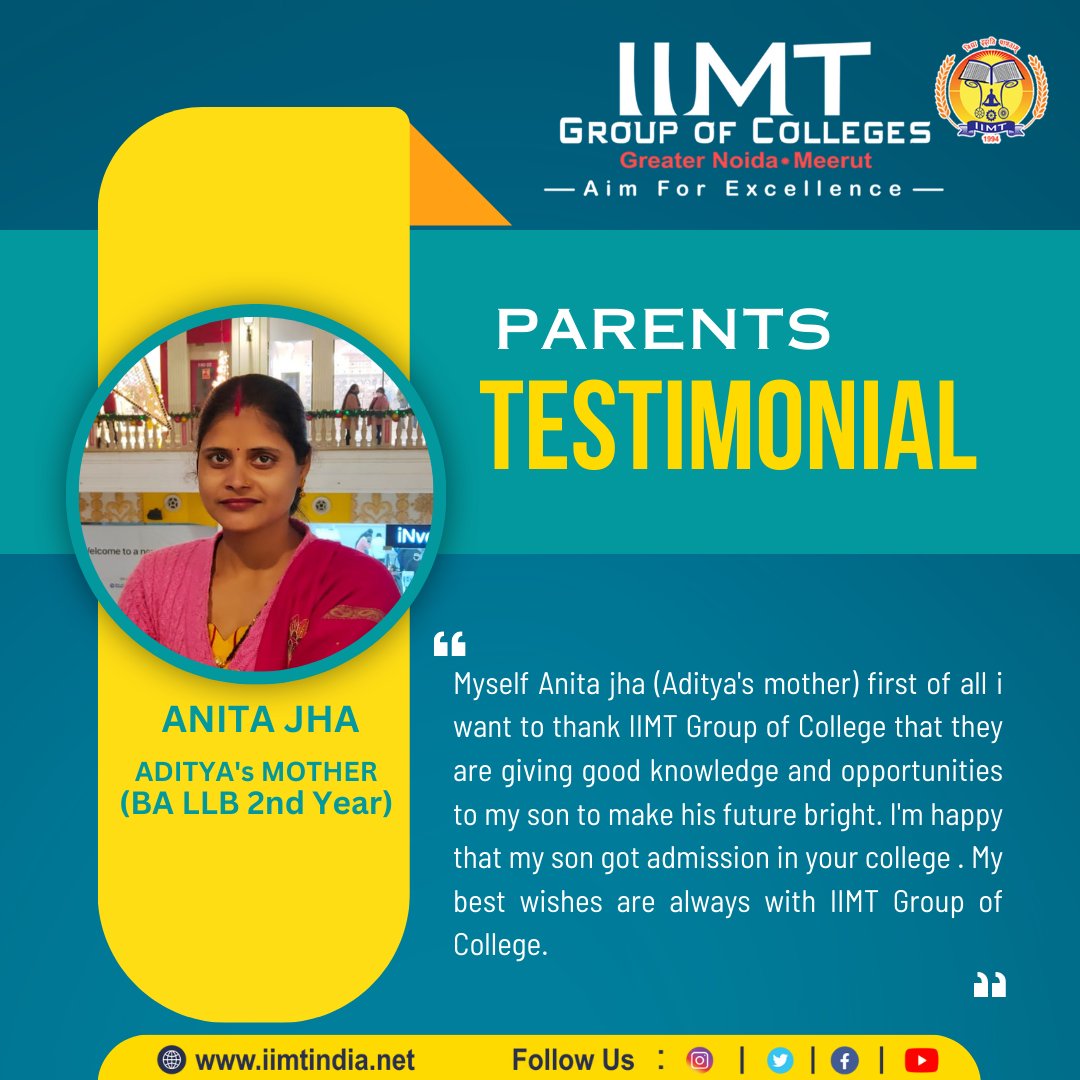iimtnoida's tweet photo. PARENTS TESTIMONIAL !!
Mrs. ANITA JHAADITYA's MOTHER (BA. LLB. 2nd Year)
.
https://t.co/UOh7RIaTgN
Call Us: 9520886860
.
#PARENTSTESTIMONIAL #IIMTIndia #IIMTNoida #IIMTGreaterNoida #IIMTDelhiNCR .
#LawCollege #LLB #BALLB
#BALLBcourse #LLBCourse
#IIMTCollegeofLaw https://t.co/x3zOVyHxeV