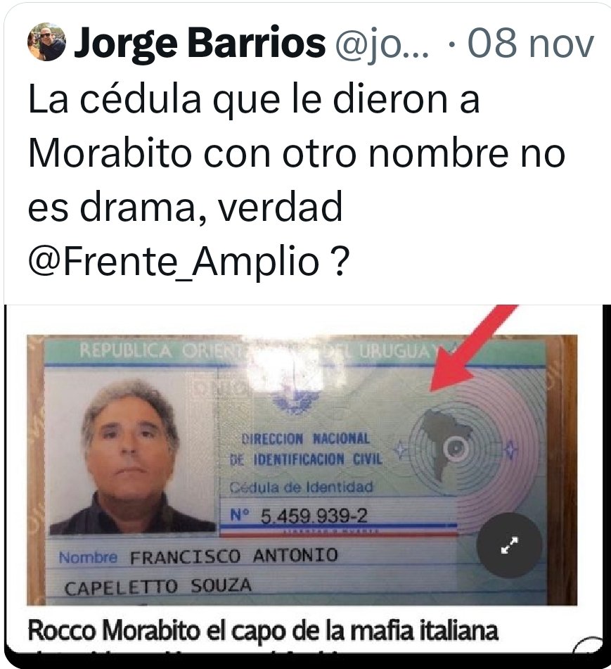 alvarogermano's tweet photo. ¡Ésto es MUCHO MÁS GRAVE!
A Marset se le dió un documento legítimo. "mal dado, acelerado, lo que quieras", pero real.
¡El Gobierno FA DIÓ UNA CÉDULA CORRUPTA!!!!!
ÉSO ES MUCHO MÁS GRAVE.
...Pensalo. https://t.co/J1OEgudy0Y