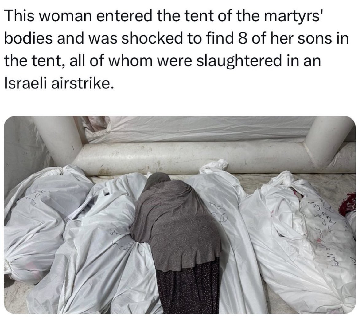 missfalsteenia's tweet photo. Israel killed all 8 of her sons. 8. https://t.co/0stiTj2Q4y