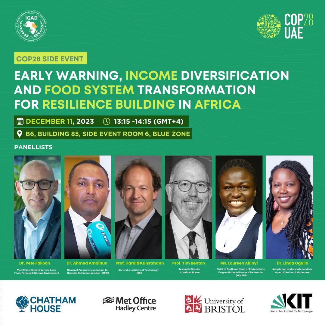 🌍 Join our #COP28  side event TODAY 'Early Warning, Income Diversification & Food System Transformation for Resilience Building in Africa' at B6, Building 85, Side Event Room 6, Blue Zone. 

🗓️ December 11, 2023, 13:15 - 14:15 (GMT+4).
#foodsystems 🌽 @worldfarmersorg + tagged