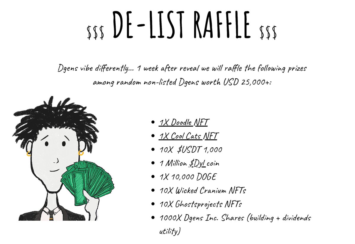 - MASSIVE DELIST RAFFLE -

Wednesday December 13, 2023 - 9PM GMT

Make sure you hold a Dgen that is not listed to have a chance of WINNING big. Biggest raffle prizes include: rare <a href="/doodles/">doodles</a> <a href="/coolcats/">Cool Cats</a>, 10X 1,000 USDT and much more. RT for max reach ❤️

🌐 dgensnft.com