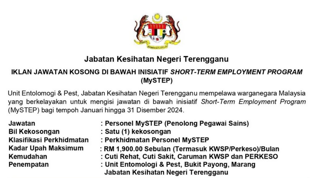 ✅ JABATAN KESIHATAN NEGERI TERENGGANU Jawatan Gaji : RM1,900 📌 Iklan Penuh : peluangkerjaya.com/jobs/jabatan-k… #kerjakosong #jawatankosong #peluangkerjaya #carikerja #hiringnow #jobstreet