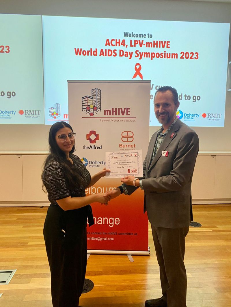 Neuroinfections Lab (@neuroinfections) on Twitter photo Congratulations to our PhD student Janna Jamal Eddine for being awarded the ViiV Healthcare Australia Young Investigator prize at the Melbourne World AIDS Day event.
<a href="/ResearchRMIT/">RMIT Research</a> <a href="/TheDohertyInst/">Doherty Institute</a> <a href="/ViiVHC/">ViiV Healthcare</a> #hivcure #worldaidsday2023 mHIVE ACH4 <a href="/livingposvic/">Living Positive Victoria - LPV</a> Congratulations to our PhD student Janna Jamal Eddine for being awarded the ViiV Healthcare Australia Young Investigator prize at the Melbourne World AIDS Day event.
<a href="/ResearchRMIT/">RMIT Research</a> <a href="/TheDohertyInst/">Doherty Institute</a> <a href="/ViiVHC/">ViiV Healthcare</a> #hivcure #worldaidsday2023 mHIVE ACH4 <a href="/livingposvic/">Living Positive Victoria - LPV</a>