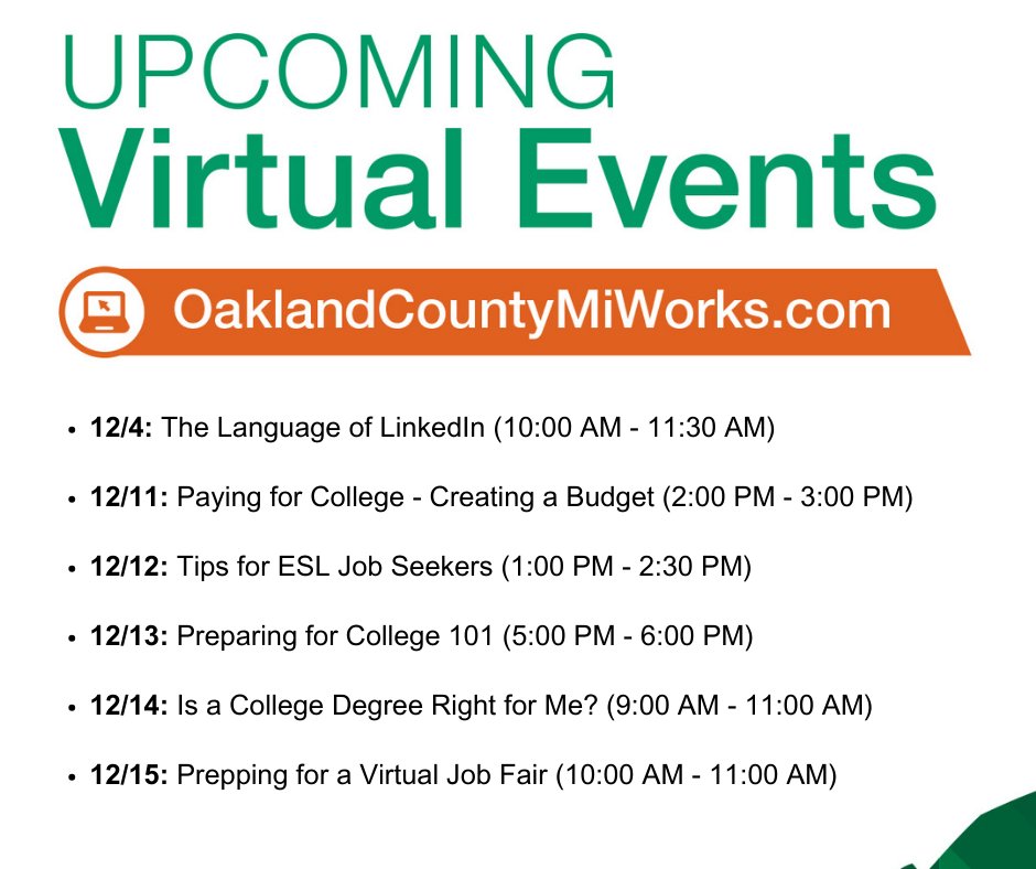 Spend the week with #OaklandCounty Michigan Works! Starting today at 10 a.m., OCMW! career advisors will host free webinars to help you find #employment. Whether you're heading back to school or back to the office, find a workshop for you atbit.ly/438hAqf ✅