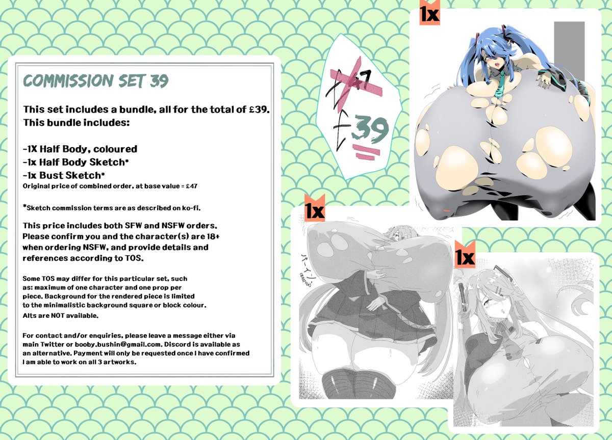 BoobyBushin's tweet photo. Words are hard, I hope most of the information is on the sheets.

Anyhow, kind of need funds sooner than expected for finishing up my PC (current one is to go back to intended owner). So we do a little sale.

Only 1 slot is available each! Regulars orders are still available. https://t.co/oCTSy78GfO