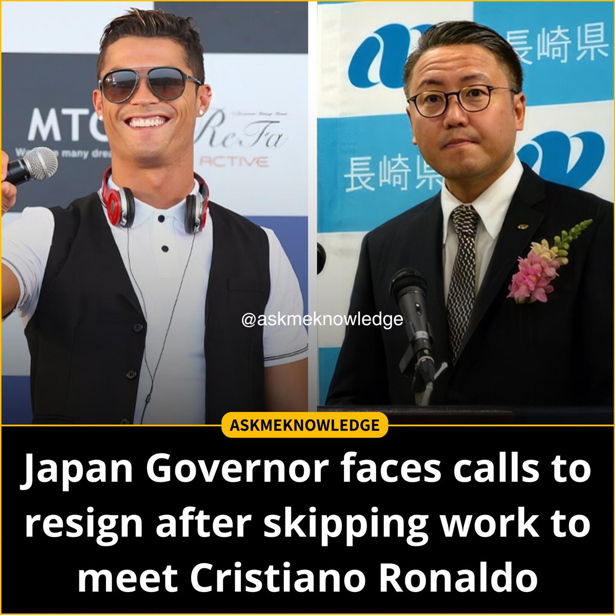 askmeknowledge's tweet photo. Nagasaki Governor Kengo Oishi is facing backlash for attending a football match with Cristiano Ronaldo instead of a national governors’ conference. The incident has sparked divided opinions, with some calling for his resignation, while others support his promotional intentions. https://t.co/p8AXGbq9XX
