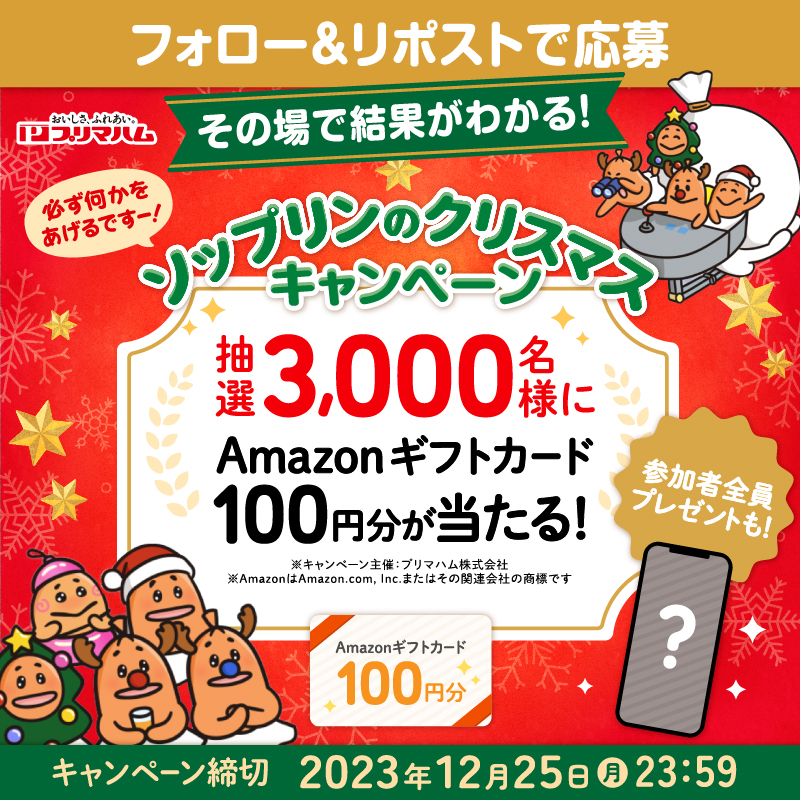 primaham_info's tweet photo. ／
#ソップリンのクリスマスキャンペーン
＼

#ソップリン から抽選で3,000名様にAmazonギフトカード🎁
参加者全員プレゼントも!

応募方法▼
①@primaham_info フォロー
②この投稿���リポスト
③自動返信で結果が届く

╭━━━━━━━━━━╮
   地球人に届けるですー!
╰━━━━━ｖ━━━━╯ https://t.co/ly9tkouZDL