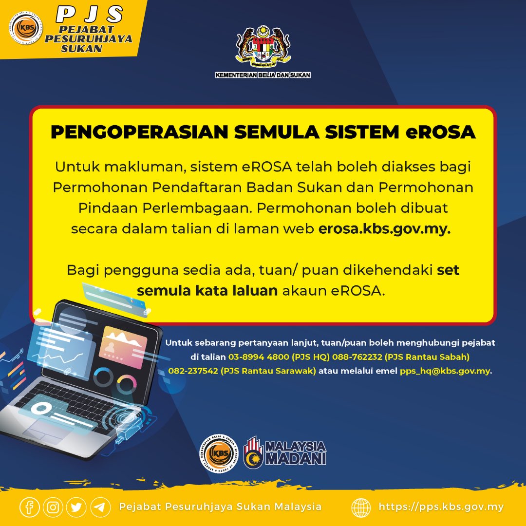 PejabatSukan's tweet photo. Untuk makluman, sistem eROSA telah boleh diakses bagi Permohonan Pendaftaran Badan Sukan dan Permohonan Pindaan Perlembagaan. Permohonan boleh dibuat secara dalam talian di laman web https://t.co/W72r25gGNd.
#TeamKBS #TeamPJS #eROSA #MalaysiaMadani https://t.co/UUdbzyuVDJ