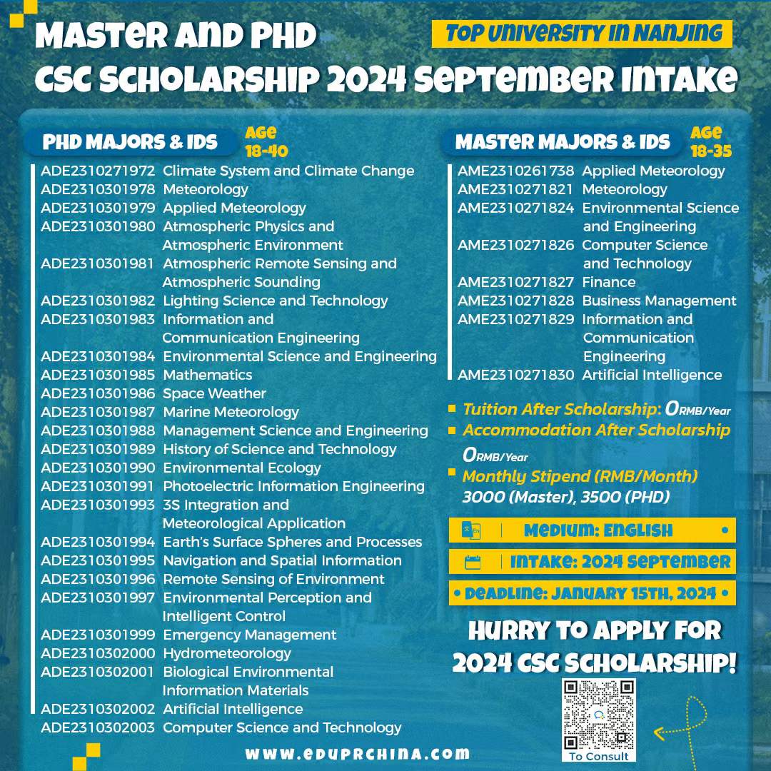 scholarship_ing's tweet photo. 📣CSC Scholarship in Nanjing🎉! 🎁High-ranking and 211 Project!
​🎓Master and PHD, 🍁2024 September Intake
​👇Check the Program List Below and Apply ASAP!
​https://t.co/BK2zwhQmLN https://t.co/1E4DGQzZcj