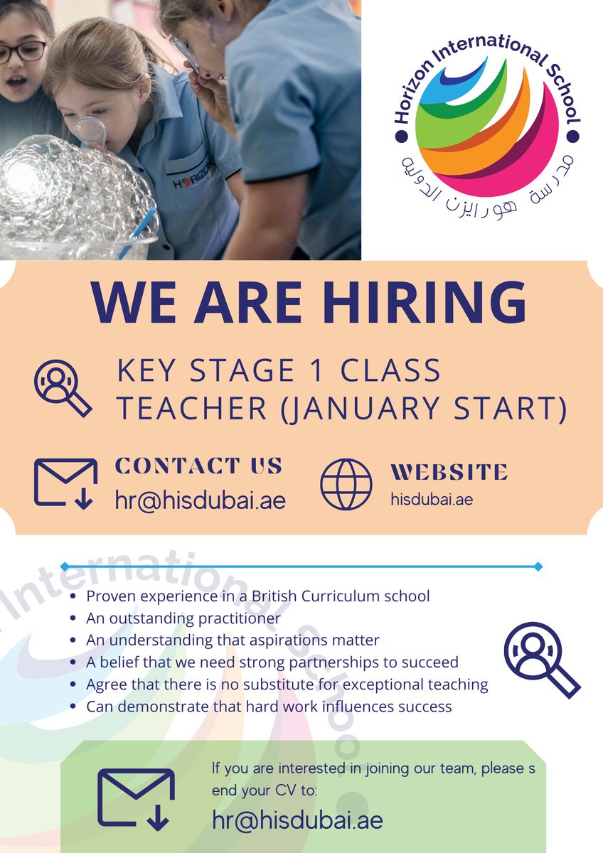 Due to unforeseen circumstances, we are seeking an experienced Key Stage 1 teacher for a January 2024 start @HISDubai. Dubai colleagues, please feel free to share and retweet.