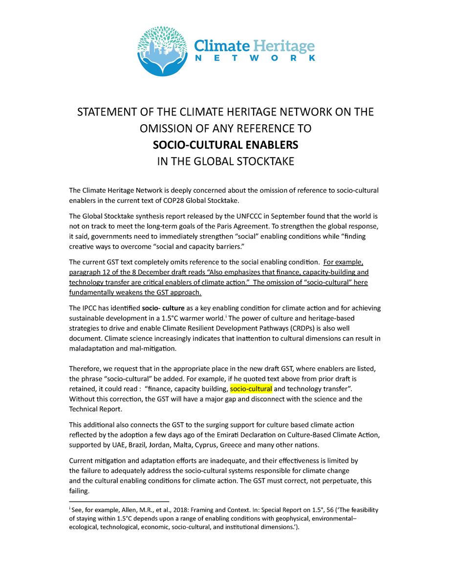 📢Urgent statement of the #ClimateHeritage Network on the omission of any reference to the *socio-cultural* enabler of climate action in the #COP28 #GlobalStocktake (#GST).  
#ClimateHeritage
#CultureatCOP28