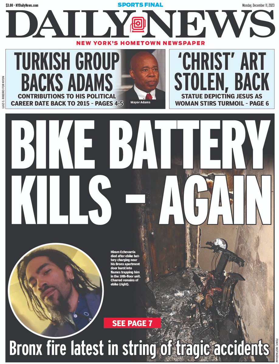 BIKE BATTERY KILLS - AGAIN
Bronx fire latest in string of tragic accidents bit.ly/3thx3ao

'Christ' art stolen, back
Statue depicting Jesus as woman stirs turmoil bit.ly/3t3mzvr