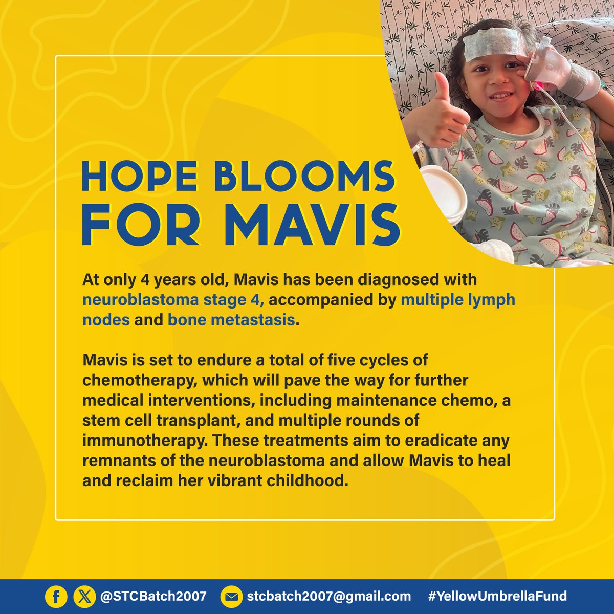 STCbatch2007's tweet photo. CALL FOR DONATIONS

Our batchmate @judeneism's daughter Mavis has been diagnosed with neuroblastoma at the young age of four. She needs to undergo five cycles of chemotherapy and other medical interventions.

Please see the post below for direct donation channels. 💙💛 https://t.co/ByI8o6Vxsc