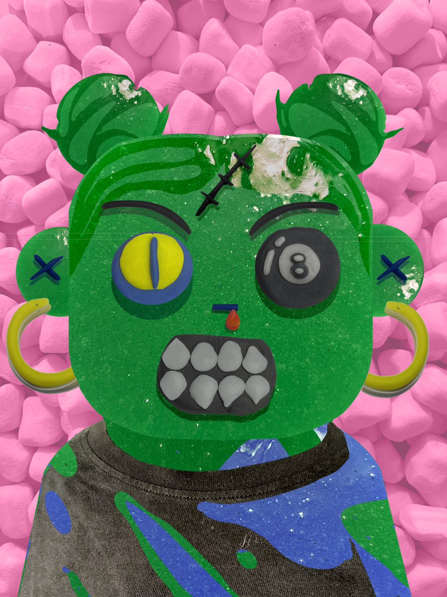 TheWaldorfJ's tweet photo. Here is my late entry for @0xCHXNXL #DCDC2… it’s a derivative of #2108 but using traits from the other 3. This is a collage using only photos I took of homemade slime, play-doh traits, the actual @Deadfellaz x @neuno_io shirt and pink marshmallows. WIP in comments… 👇🏼💚💀 https://t.co/iHJB9hnm2e