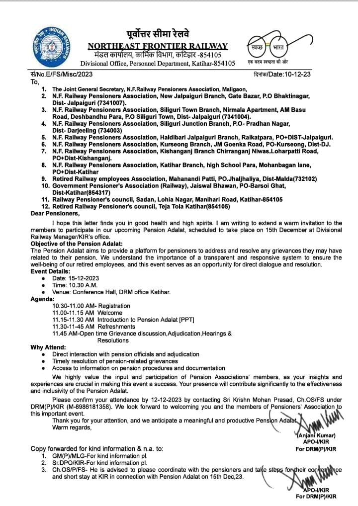 DRMPKIR23's tweet photo. 🔔 Important Announcement 🔔

Mark your calendars for the upcoming Pension Adalat at the Conference Hall, DRM Office/KIR on December 15, 2023. It's your chance to address pension-related concerns. Don't miss out on this valuable opportunity! #PensionAdalat #Katihar https://t.co/JHwwnRNzZE