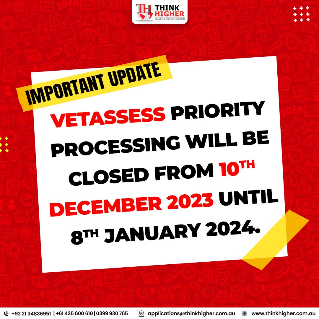 VETASSESS priority processing will be closed from 10th December 2023 until 8th January 2024. Applicants will still be able to submit their applications for the normal process. #vetassess #skillassessment #priorityprocessing #migration #australianimmigration #skilledmigration