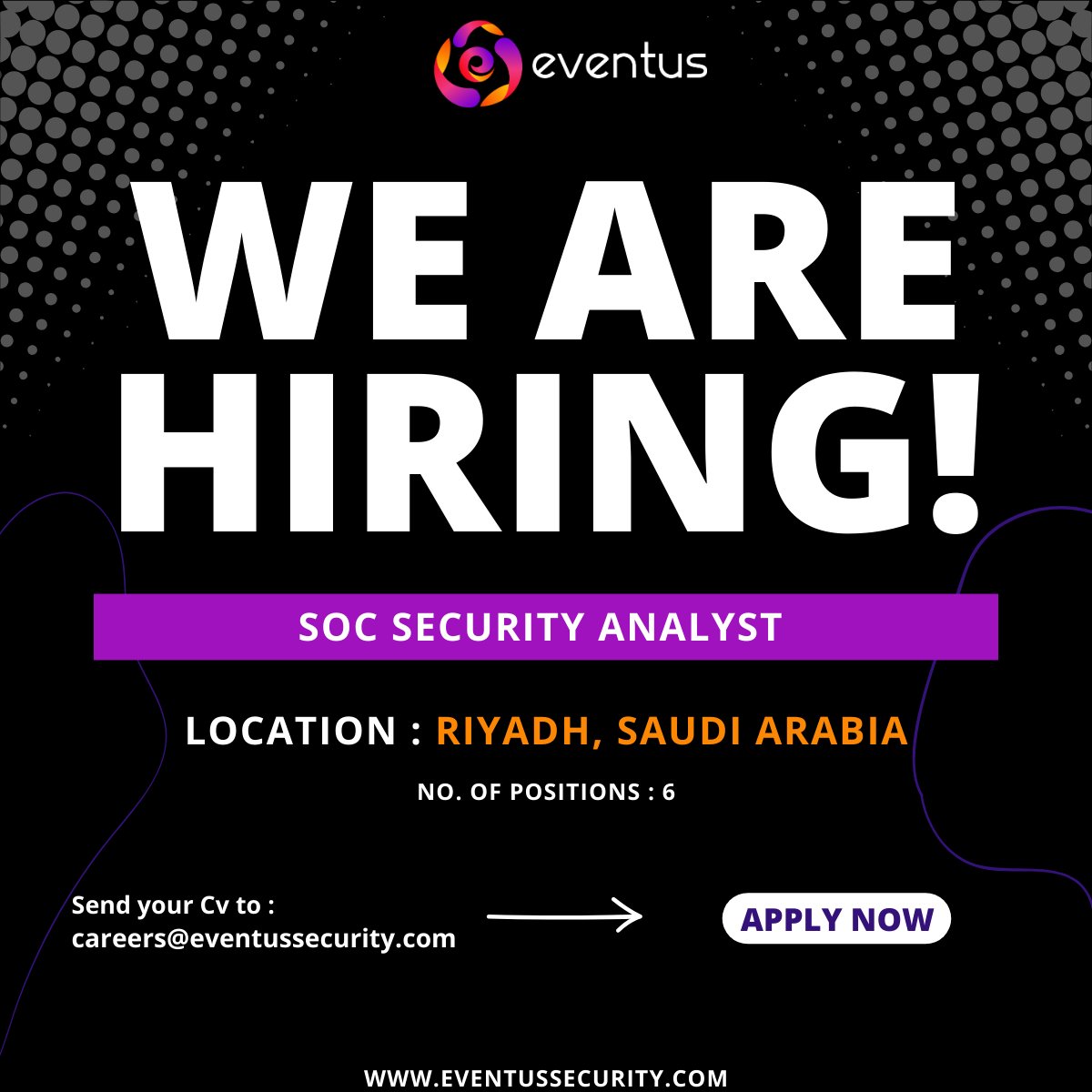 Passionate about #CyberSecurity? Join Eventus in Riyadh, Saudi Arabia, and be part of our growth

🌟Position: Security Analyst
🌐Location: Riyadh, Saudi Arabia
👥Total Vacancies: 6

Apply Now➡️careers@eventussecurity.com
#EventusSecurity #NowHiring #RiyadhJobs #SecurityAnalyst