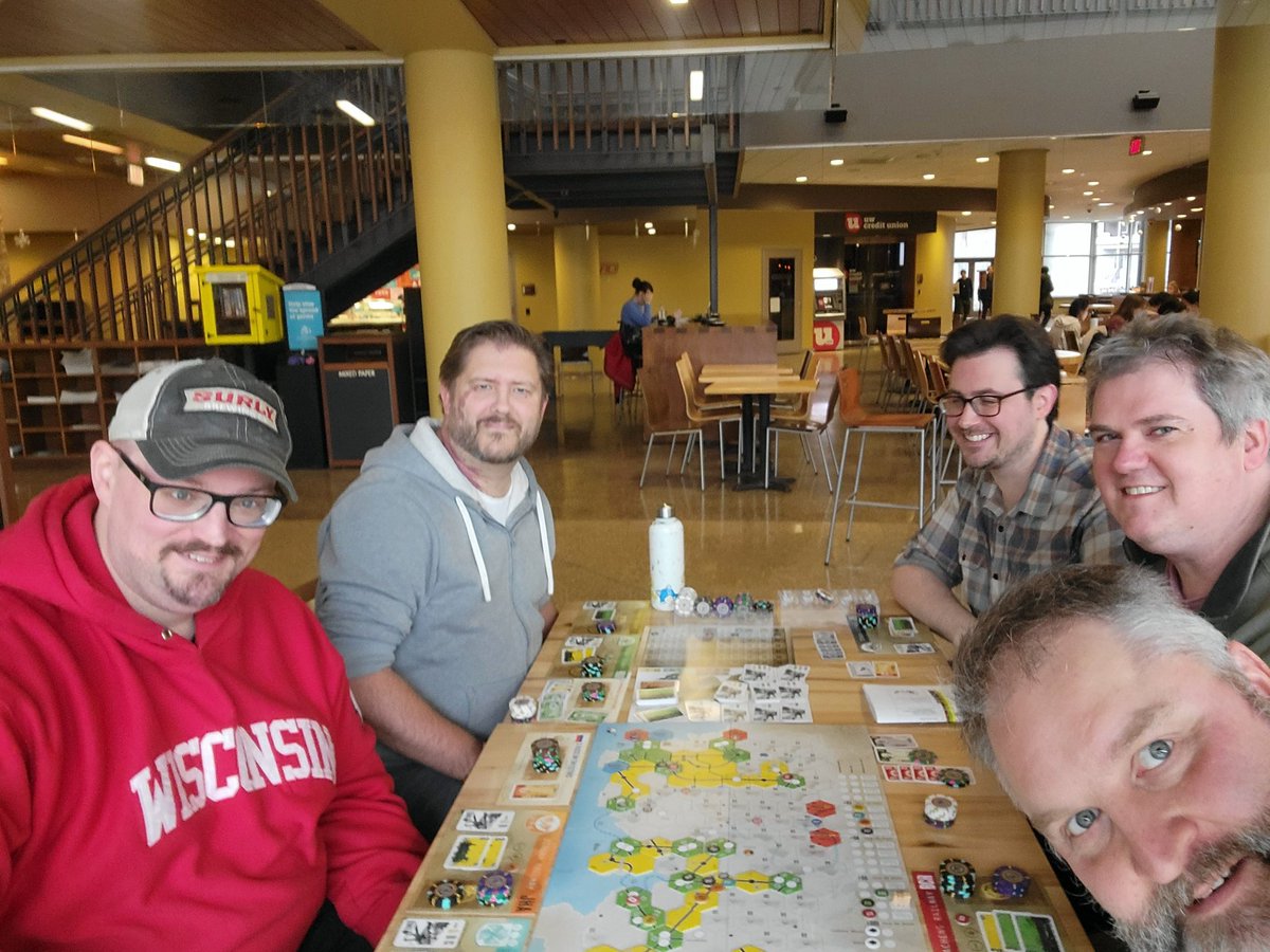 GameMadison's tweet image. 1880 Dan, Ben, Gabe, David and Rob 

Gabe &amp;amp; the rocket prevailed!  He paid up for it and I invested in it right away but he still outpaced the field.  Dave was in great shape, until Dan dumped a looted company on him.  My slow Taiwan strategy was enough to secure 2nd  #18xx #ccmf