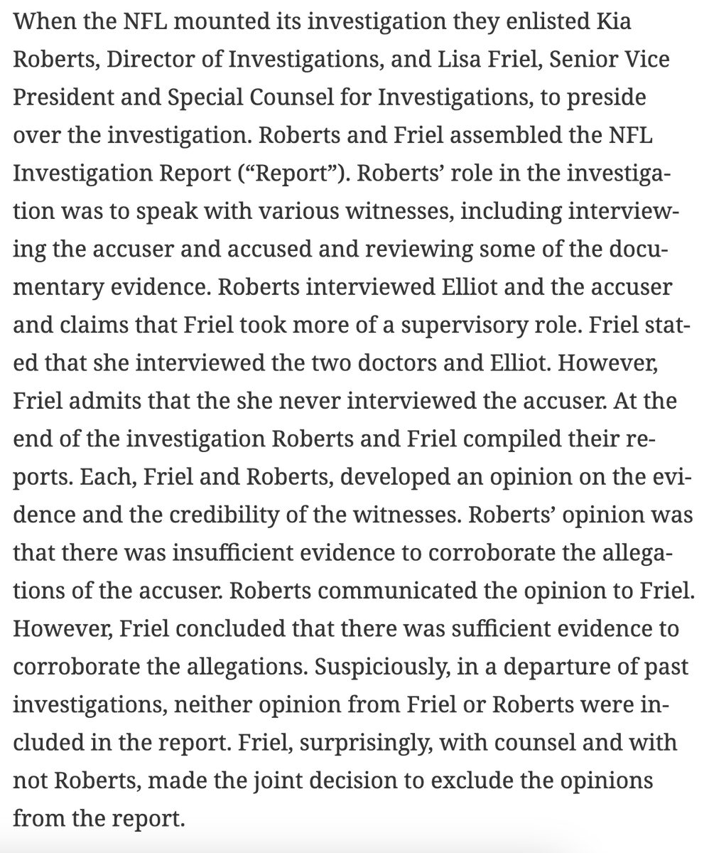 czabe's tweet photo. I read the entire Zeke Elliot case. Lead investigator Kia Roberts recommended AGAINST any discipline. But Lisa Friel her subordinate, and league face of the new get tough initiative, somehow over-ruled her, and ignored the league's own report. #shieldjustice https://t.co/8KcHWX85bu