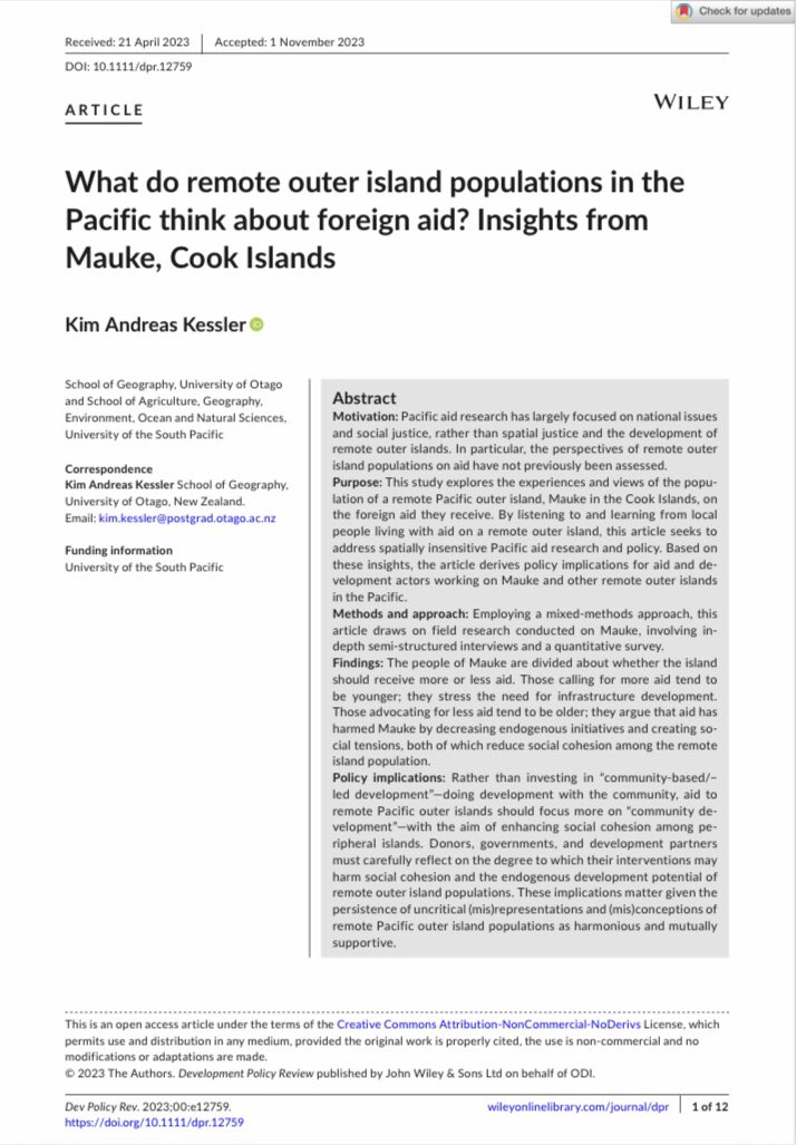 📢New research on #Pacfic aid: 

An insightful article by Kim Kessler (<a href="/ruralislands/">Kim Andreas Kessler</a>) on the #perspectives of the people of #Mauke, a remote outer island in the #CookIslands 🇨🇰, on #foreignaid.. 

🔎Check out the #OpenAccess article here 👉🏾 onlinelibrary.wiley.com/doi/full/10.11…