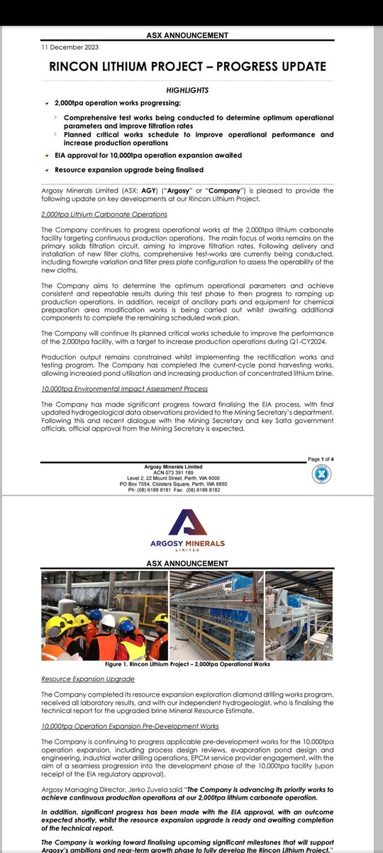 $AGY progress update on Rincon Lithium Project 2ktpa operations & test-works being conducted, 10ktpa EIA approval getting close, resource upgrade nearly completed & 10ktpa operation expansion pre-development works progressing.