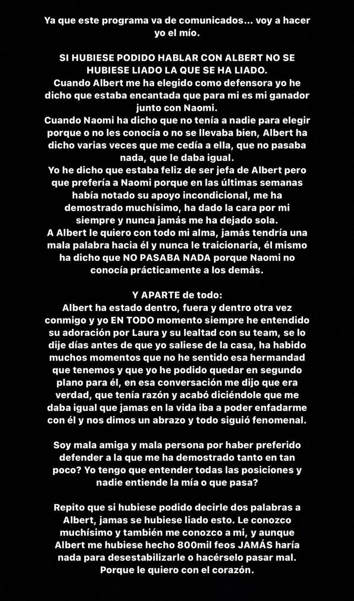 belladionex's tweet image. Comunicado de @Pilarllorii en instagram sobre el dilema de la jefa de campaña de Albert-Naomi

#GHVIPDBT13 #GHVIP10D #GHVIP11D