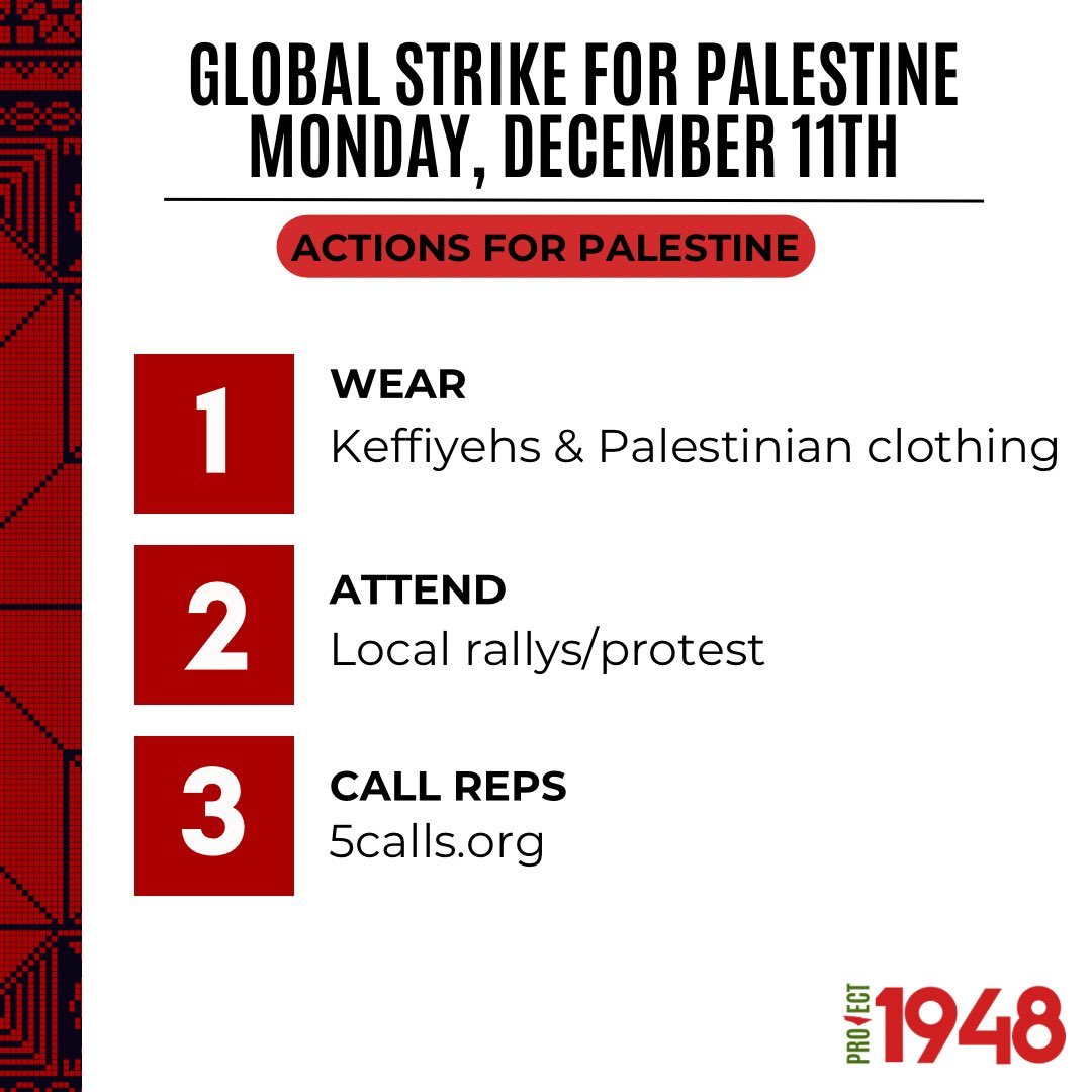 Project1948's tweet photo. Join the Global Strike for Palestine, tomorrow, December 11th. 🇵🇸

#FreePalestine #Project1948 https://t.co/UitcpOTBUl