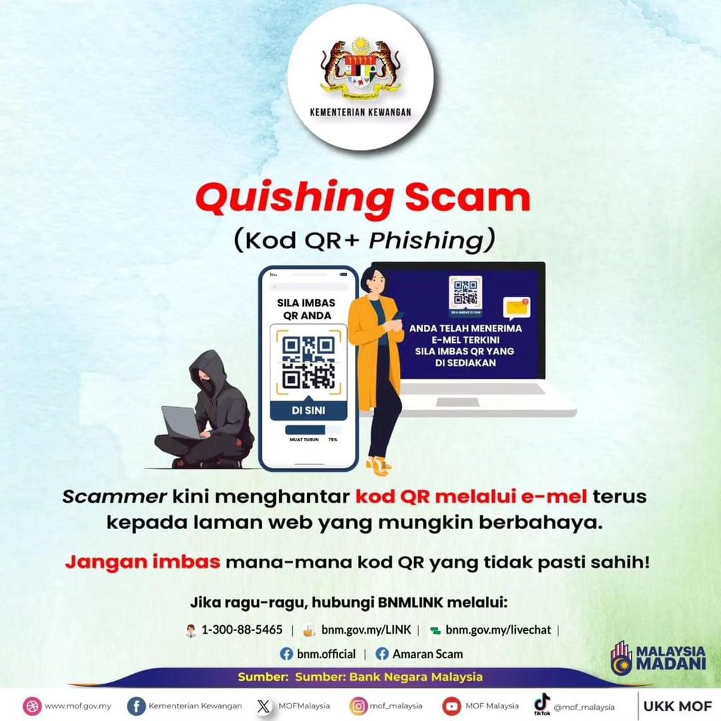 JapenSabah's tweet image. Selamat pagi semua 👋🏼

Kalau kamu nampak mana-mana QR dihantar secara dalam talian jangan kamu imbas sesuka hati, pastikan selamat dulu.

Awas! Jangan sesekali imbas mana-mana kod QR yang tidak pasti kesahihannya. Bahaya menanti anda.

#MalaysiaMADANI
#JanganKenaScam
#JaPenSabah