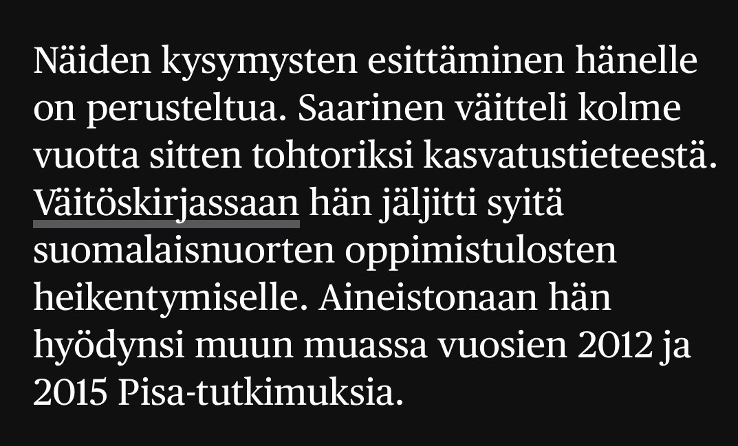 Laura Ketonen (@lauraketonen) on Twitter photo Kysyminen Saariselta on hyvin perusteltua <a href="/hsfi/">Helsingin Sanomat</a> klikkien kannalta, mutta ei muuten. Nämä jutut on jo kuultu. Google Scolarin perusteella Saarinen on huikean tuottelias tutkija, mutta ei ole väitöskirjansa jälkeen tutkinut koulua tai kasvatustieteen kysymyksiä ylipäätään. Kysyminen Saariselta on hyvin perusteltua <a href="/hsfi/">Helsingin Sanomat</a> klikkien kannalta, mutta ei muuten. Nämä jutut on jo kuultu. Google Scolarin perusteella Saarinen on huikean tuottelias tutkija, mutta ei ole väitöskirjansa jälkeen tutkinut koulua tai kasvatustieteen kysymyksiä ylipäätään.