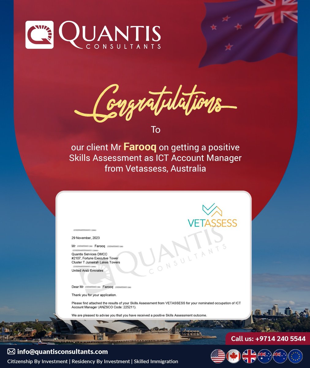 QuantisUAE's tweet image. Congratulations to our client Mr Farooq on getting a positive Skills Assessment as ICT Account Manager from Vetassess, Australia.

Call us at: 📲+971 4 240 5544 
📩info@quantisconsultants.com 
or visit: bit.ly/3jKNd2O

#Quantisconsultants #immigration  #visa #immigrants