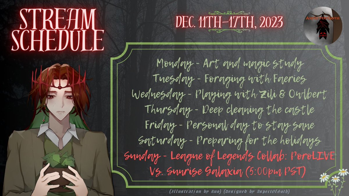 AspectOfGoth's tweet photo. Stream Schedule Dec.11-17 2023
Come watch the collab between @PoroliveVtubers and @SunriseGalaxia
-🦇👑

#indievtuber #vtuber #envtuber #aspectofgoth #collab #aspectoflive #porolive #sunrisegalaxia #vtubercollab https://t.co/oZAJFOsy4r
