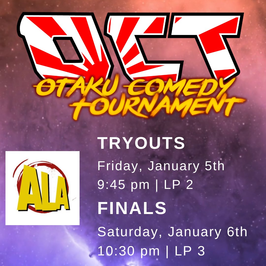 otaku_comedy's tweet photo. The Otaku Comedy Tournament starts 2024 with it's return to @AnimeLosAngeles! 

Tryouts: Fri, Jan 5th at 9:45 pm - LP 2
Finals: Sat, Jan 6th at 10:30 pm - LP 3

Judges: 
Paul DeCuir (@BlaqSkillz24)
Tyler McPhail (@extremeranking) 
And our 2023 winner- Zach Handa (@mojoministry) https://t.co/JG0XNzYi7L