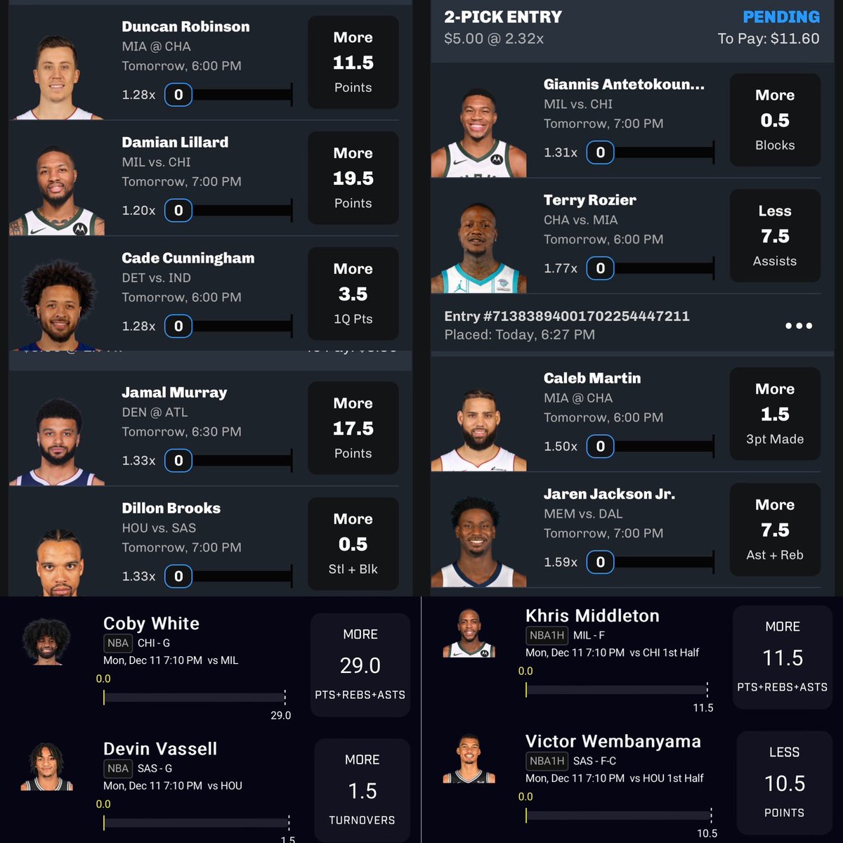 HunchoGambles's tweet photo. NBA Plays 🔥

Duncan Robinson o11.5 points
Dame o19.5 points
Cade Cunningham o3.5 points (1st half)
Jamal Murray o17.5 points
Dillion Brooke o0.5 steals + blocks
Coby white o29.0 PRA 🔒
Vassell o1.5 TO’s
Giannis o0.5 blocks
Rozier u7.5 assist
Caleb Martin o1.5 threes made
Jaren Jackson o7.5 rebs + assist
Money Midd o11.5 PRA (1st half)
Victor Wembanyama u10.5 points (1st half) 
Myles Turner o1.5 rebs (1st quarter)
Luka o2.5 rebs (1st quarter)
Mikal bridges o1.5 threes made
Franz o3.5 points (1st quarter)
Spida o29.5 points + assist
Clarkson o2.5 points (1st quarter)
Lively o1.5 points (1st quarter)
Bojan o2.5 assist

21 plays. List down below 👇🏽 If I don’t go at least 13/21 (62%) I’ll send 50 to three people who likes this tweet (retweet for extra entry) 🔥 Download Chalkboard & use my code if you haven’t already💰  

#PrizePicks #GamblingTwitter #PlayerPropBets #PropBets #NFLTwitter #gambling #NFLPicks #prizepickslocks #FreeBet #freeplays #NBA #PrizePicksNBA #NBAPicks #NBAtwitter #nbabets #NBAX #PrizePicksNFL