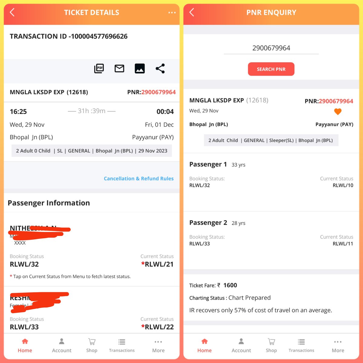Nitheesh_llll's tweet photo. @IRCTCofficial @Central_Railway @RailMinIndia 

How can a ticket with a greater possibility of confirmation (BPL to PAY) get cancelled, while my pooled waiting list with a 17% chance got confirmed (CAN to MMR)? I haven't received a refund for the cancelled ticket yet. https://t.co/PxKYp7WF3D