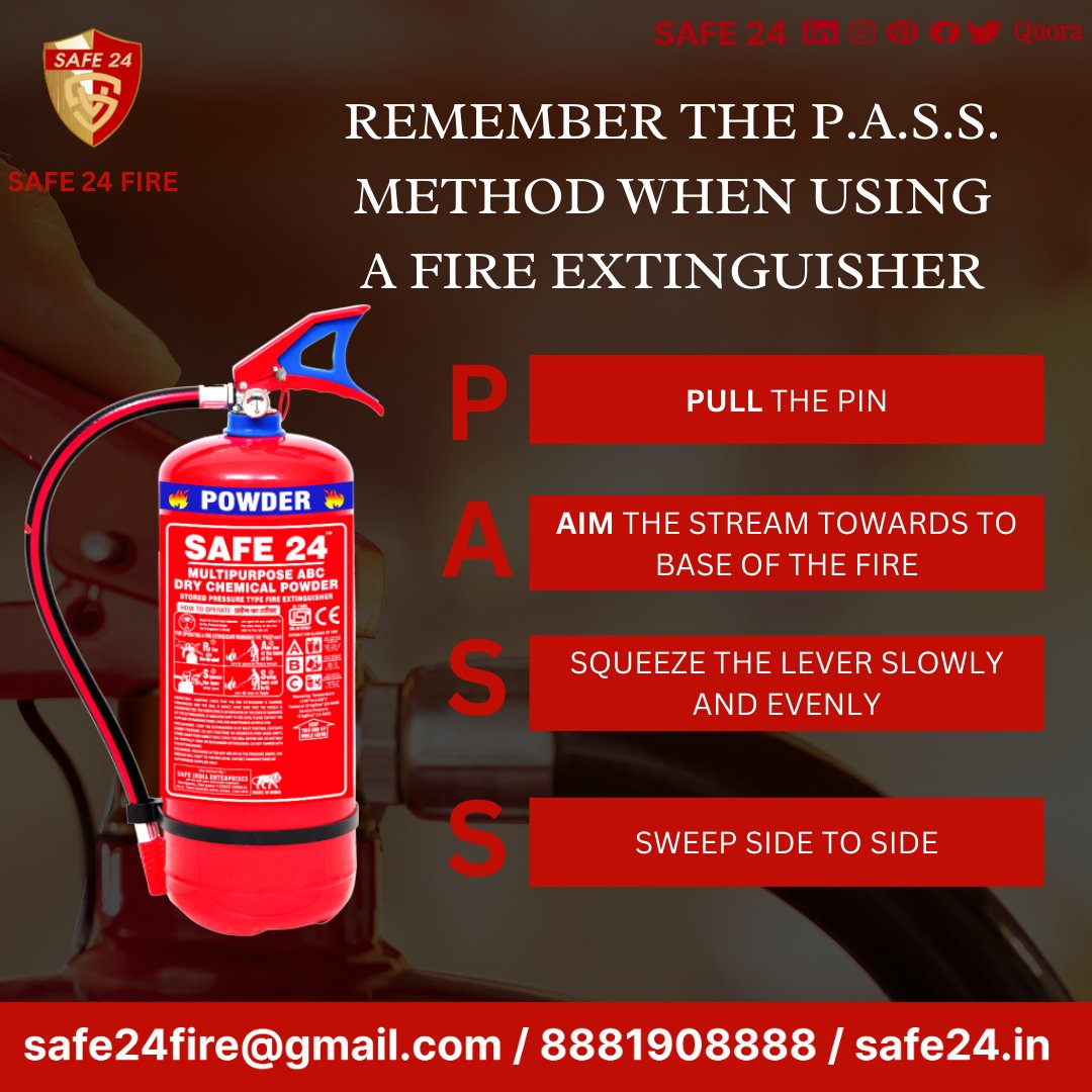 safe24fire's tweet image. P.A.S.S Method When Using A Fire Extinguisher
Safe 24 fire
Buy Now
Safe24fire@gmail.com
Call Us- 8881908888
#FireSafety #PASSMethod #FireExtinguisherSafety #SafetyFirst #PreventiveMeasures #EmergencyPreparedness #BeSafe #FirePrevention #FireSafetyAwareness #PASSandProtect