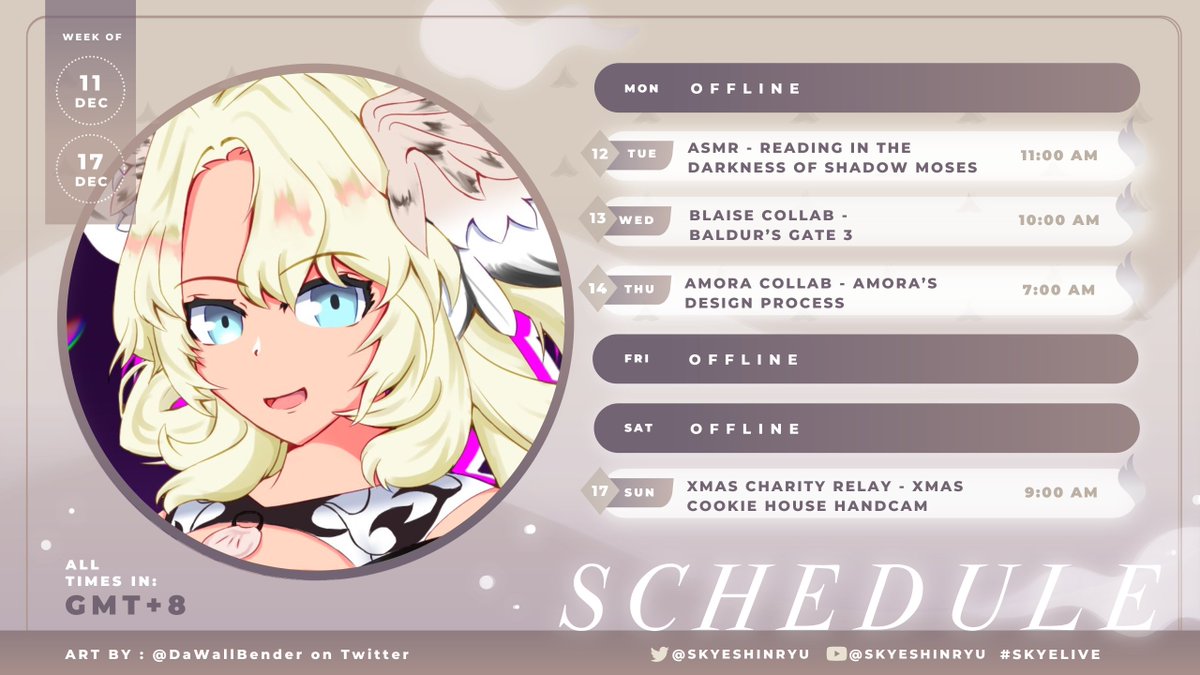 【 SCHEDULE 】
EIEN will be participating in Thanksmas 2023, created and led by JackSepticEye! I'll be doing cookie house building for our relay!

【TAGS】
GEN #SkyeHigh
ART/NSFW #ArtofSkye / #SkyeUnguarded
CLIPS #SliceofSkye
MEMES #SusRyu
LIVE #SkyeLive