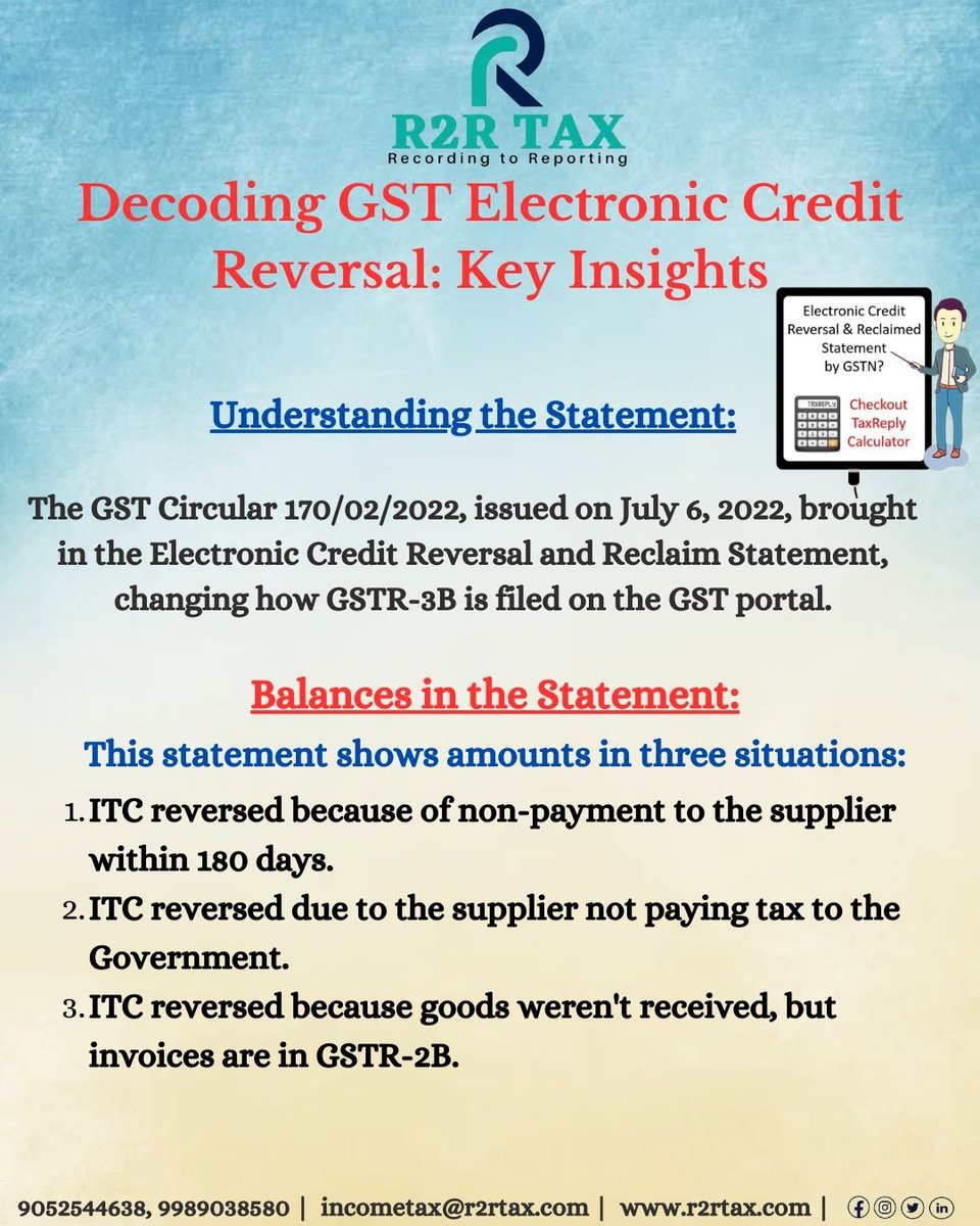 R2R_Tax's tweet image. Decoding GST Electronic Credit Reversal: Key Insights.
Follow @r2rtax for more updates and be a part of @r2rtax 
#GSTCircular #ElectronicCreditReversal #GSTR3B #TaxationUpdate #ComplianceChanges #GSTPortal #instagram #facebook #linkedin #twitter #r2rtaxlife #kadapasmartcity