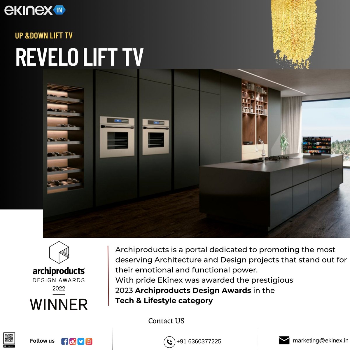 With pride Ekinex was awarded the prestigious 2023 Archiproducts Design Awards in the Tech & Lifestyle category.
#archiproducts #archiproductsdesignawards #ADA2023 #revelo #underbedlift #tv #domotic  #homeautomation #control4 #switches #hiddentv #knx #interiordesign   #tvlift