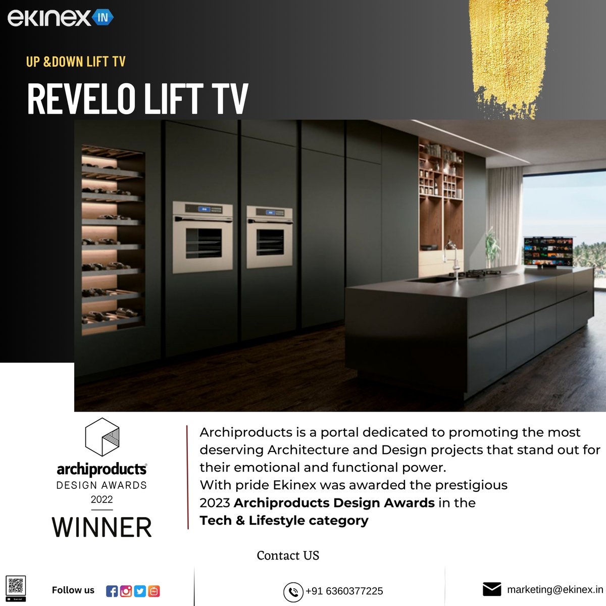 EkinexIndia's tweet photo. With pride Ekinex was awarded the prestigious 2023 Archiproducts Design Awards in the Tech &amp; Lifestyle category.
#archiproducts #archiproductsdesignawards #ADA2023 #revelo #underbedlift #tv #domotic  #homeautomation #control4 #switches #hiddentv #knx #interiordesign   #tvlift https://t.co/QstRAZWRAM