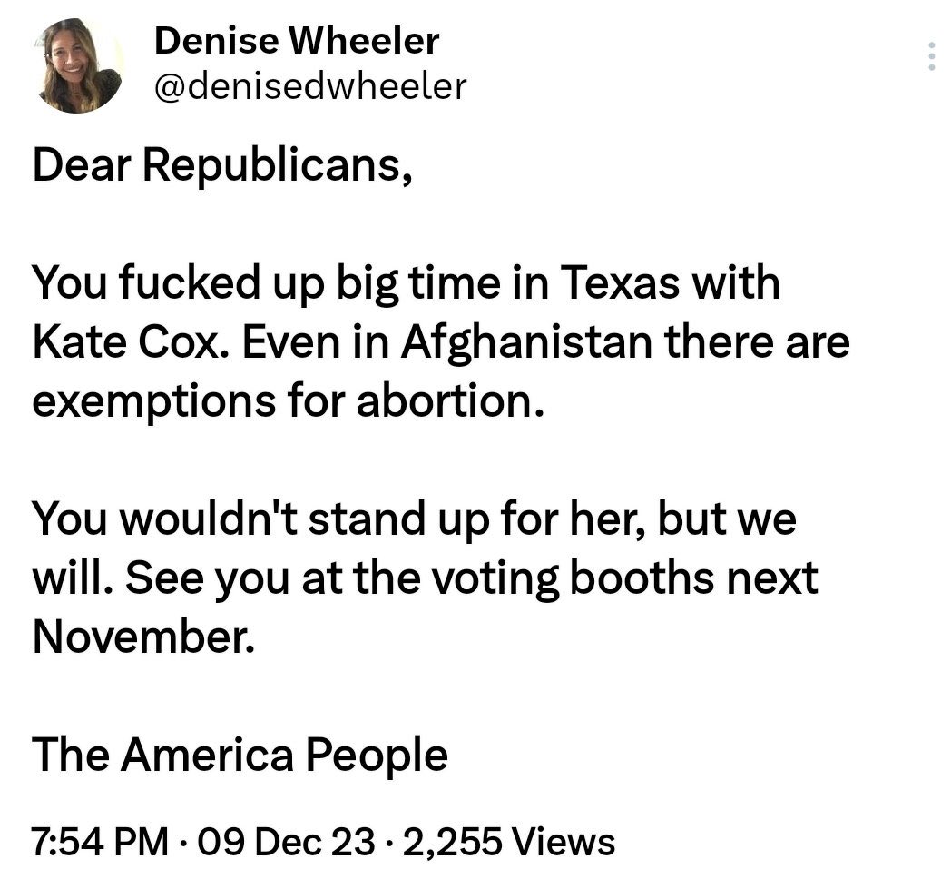 🔥#KateCox #TexasWarOnWomen #Republicans 
Women will remember this!